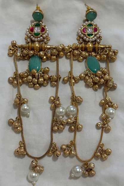 Ayura Designs Kashifa Earrings – Kashmiri Earrings with Mint Green Stone, Ghungroo Detailing & Pearl Drops