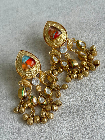 Ayura Designs Arheer Earrings – Orange & Turquoise Marble with Kundan Detailing & Antique Gold Ghungroos
