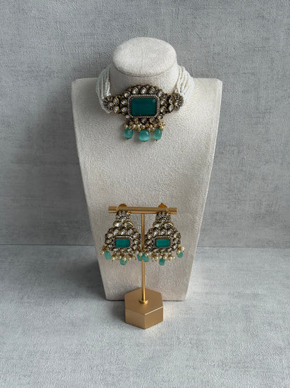 Ayura Designs Eva Choker Set with Earrings – Mirror-Cut Kundan, Pearl Strands & Mint-Green Stones in Antique Gold Finish