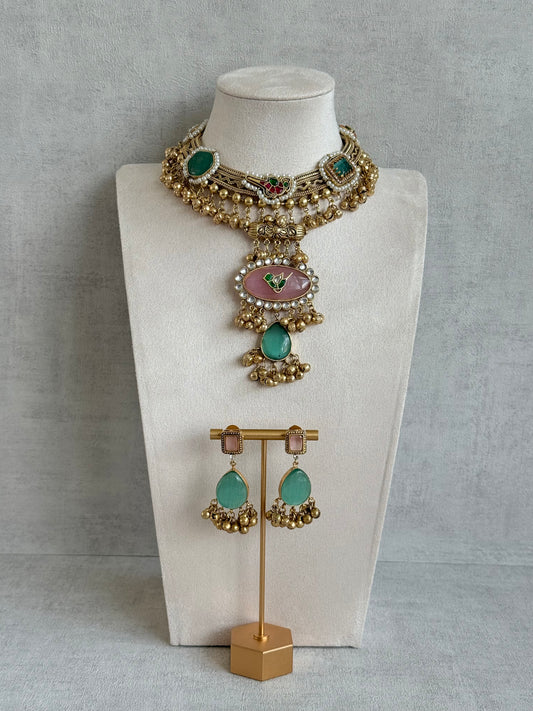 Ayura Designs Ahista Necklace Set with Earrings – Statement Pendant Necklace with Pink & Aqua Green Cat Eye Stones, Pearl Detailing & Ghungroo Accents