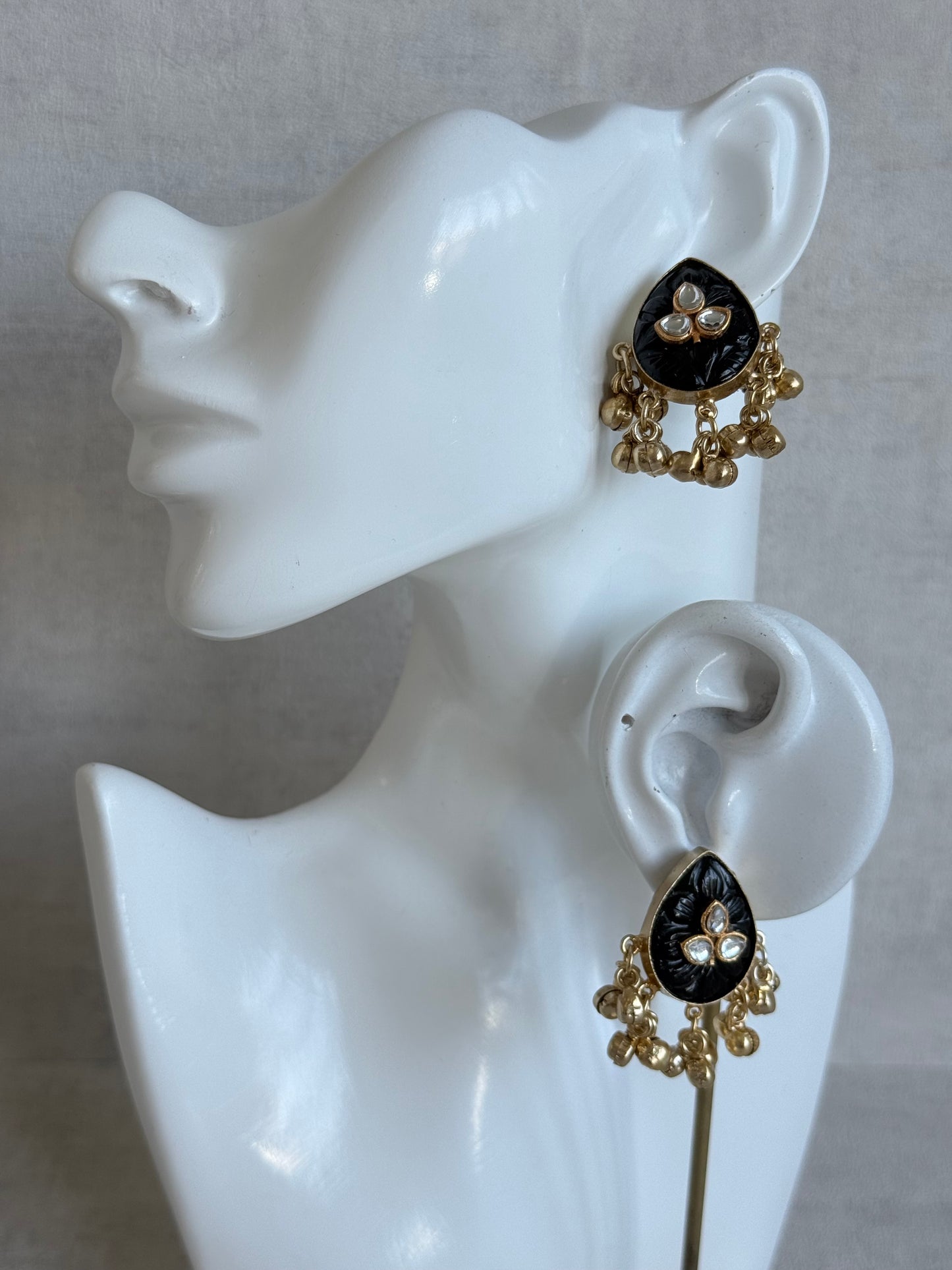 Ayura Designs Aykai Earrings – Black Carved Teardrop Stud Earrings with Clear Kundan Stones & Gold Ghungroo Drops