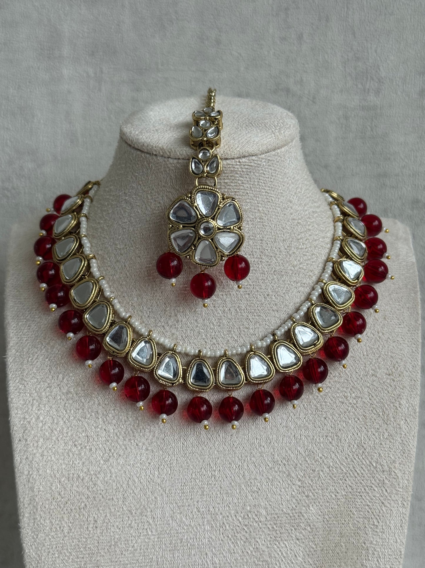 Ayura Designs Mishal Set with Jhumkis & Tikka – Ivory Pearls & Mirror-Cut Stones