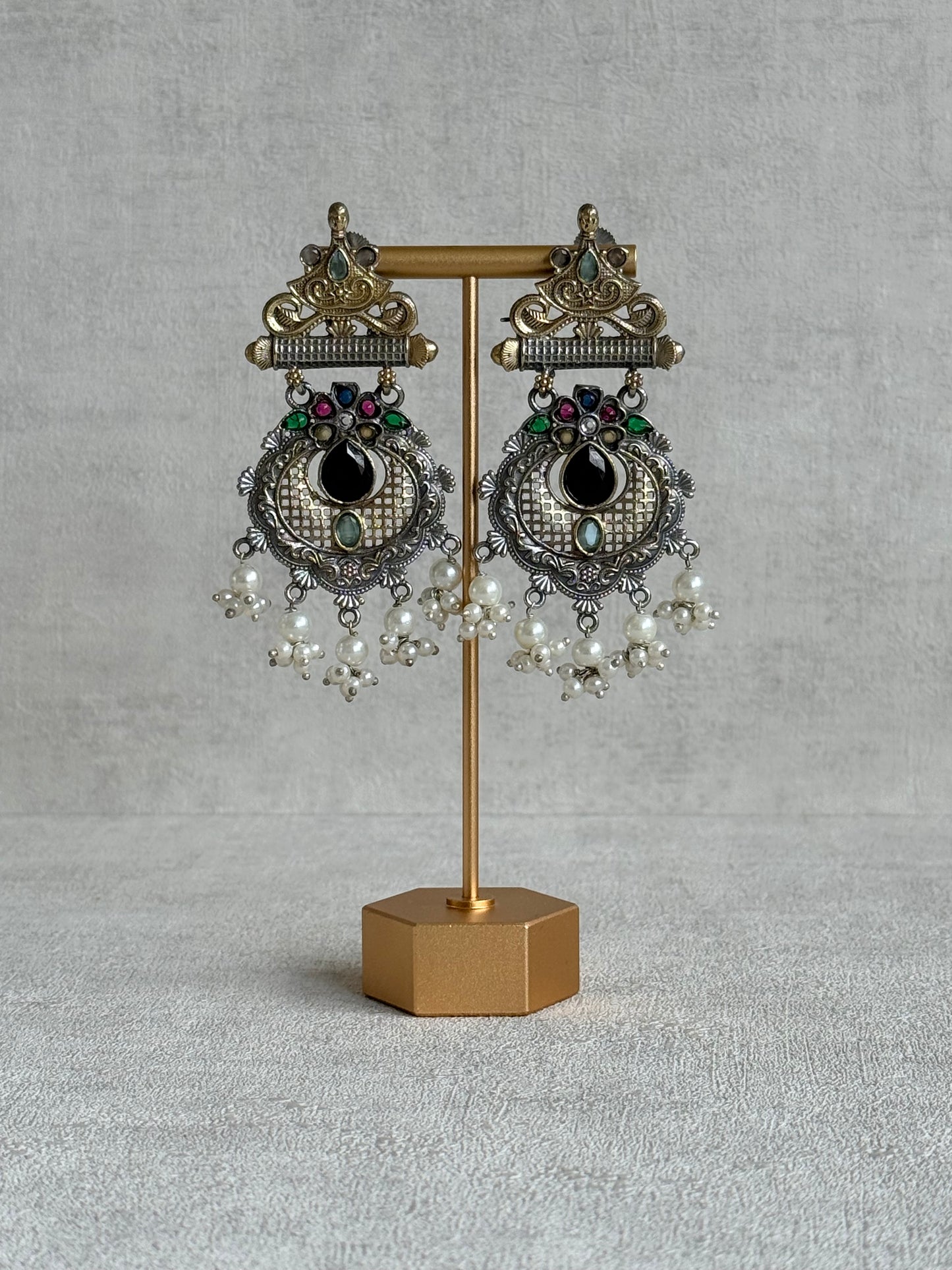 Ayura Designs Taali Earrings – Dual Tone Oxidised Statement Earrings with Multicolour Stones & Pearl Clusters