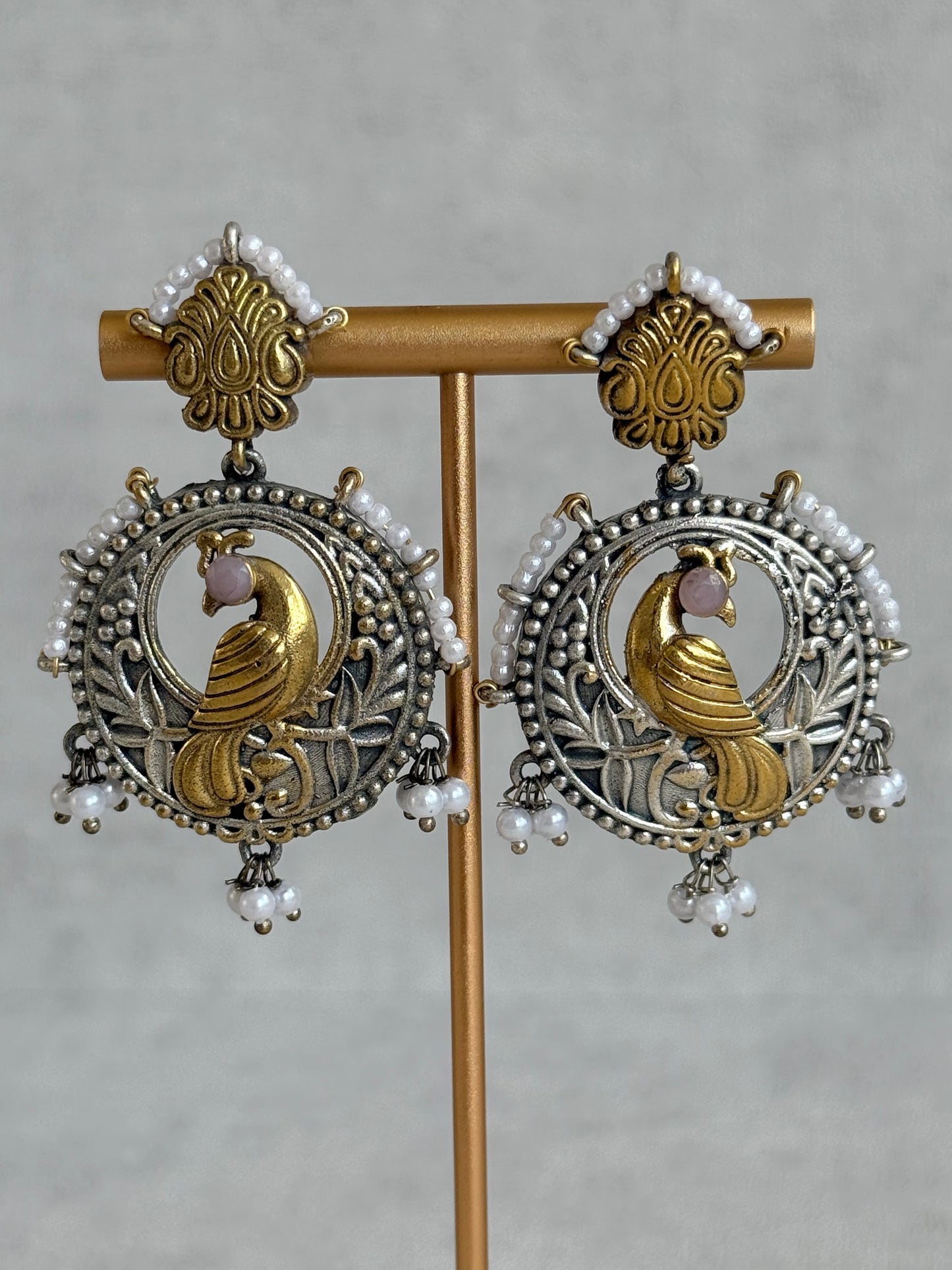 Ayura Designs Dilara Earrings – Oxidised Peacock Earrings with Pearl Detailing & Dual Tone Finish