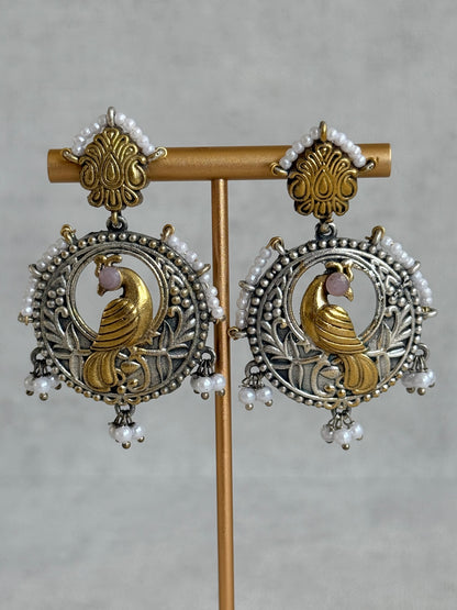 Ayura Designs Dilara Earrings – Oxidised Peacock Earrings with Pearl Detailing & Dual Tone Finish
