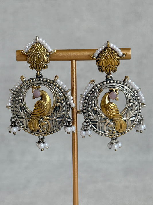 Ayura Designs Dilara Earrings – Oxidised Peacock Earrings with Pearl Detailing & Dual Tone Finish
