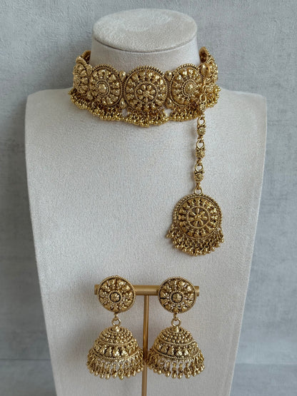 Ayura Designs Nawabi Choker Set with Jhumkis & Tikka – Traditional Gold Tone Bridal Choker with Floral Motifs & Ghungroo Detailing