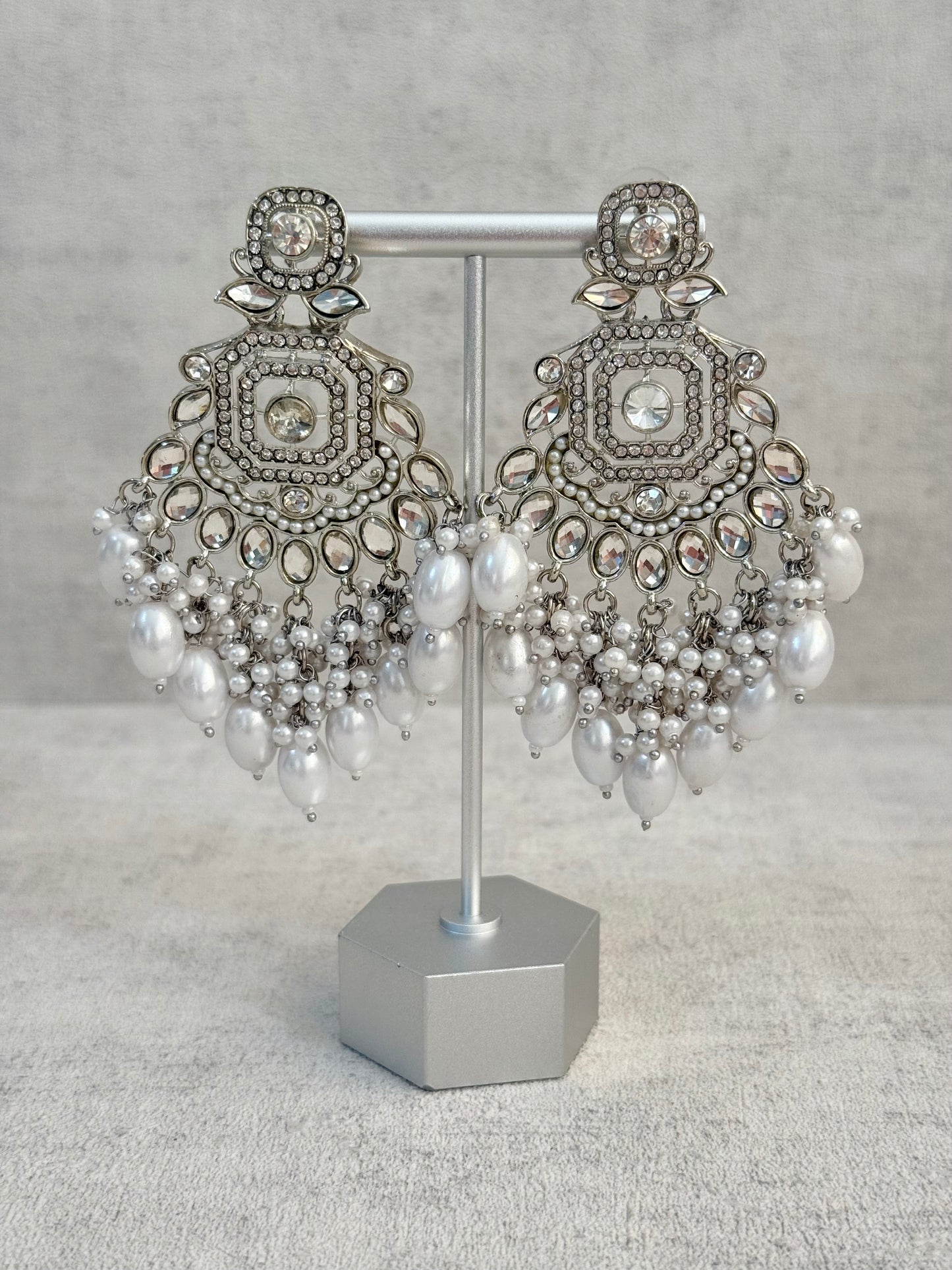 Ayura Designs Vinari Earrings – Silver Crystal Chandelier Earrings with Pearl Clusters
