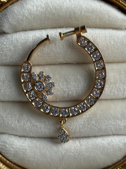 Ayura Designs Adaa Nose Ring – Crystal-Studded Adjustable Ring with Floral Accent