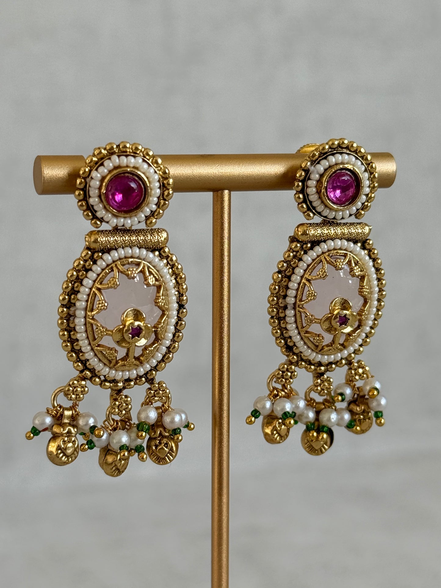 Ayura Designs Enjal Earrings – Blush Pink Enamel, Pearl Beading, Pink Stone & Gold Finish