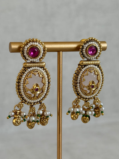 Ayura Designs Enjal Earrings – Blush Pink Enamel, Pearl Beading, Pink Stone & Gold Finish