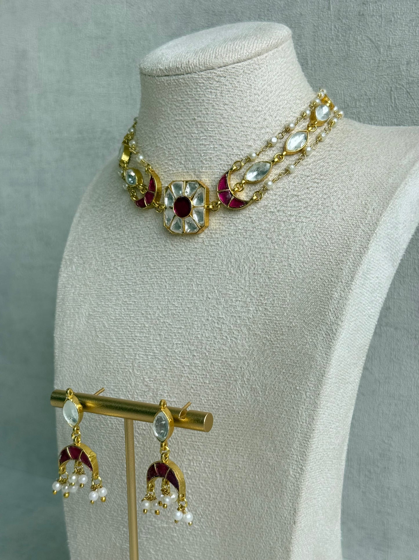 Ayura Designs Mahi Choker Set with Earrings – Meenakari Kundan Hot Pink & Ivory Detailing