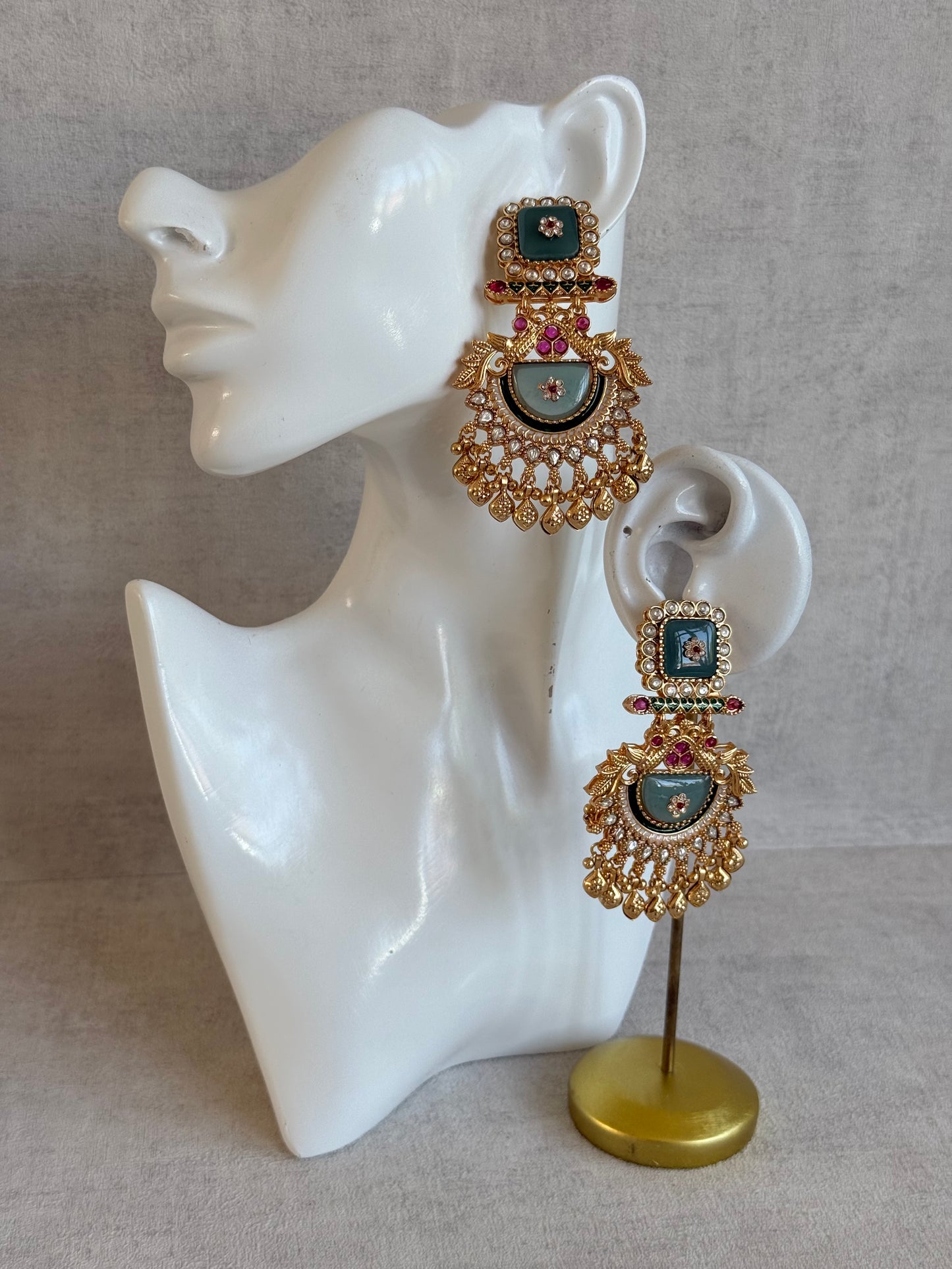 Ayura Designs Aranya Earrings – Sage Green & Rani Pink Statement Earrings