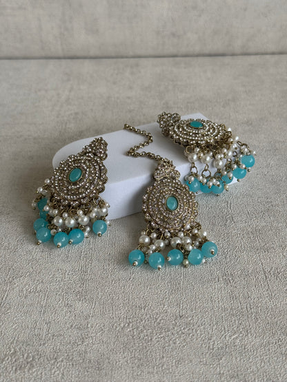 Ayura Designs Zoraiz Choker Set with Earrings & Tikka – Aqua Blue Beads, Pearls & Antique Silver Finish