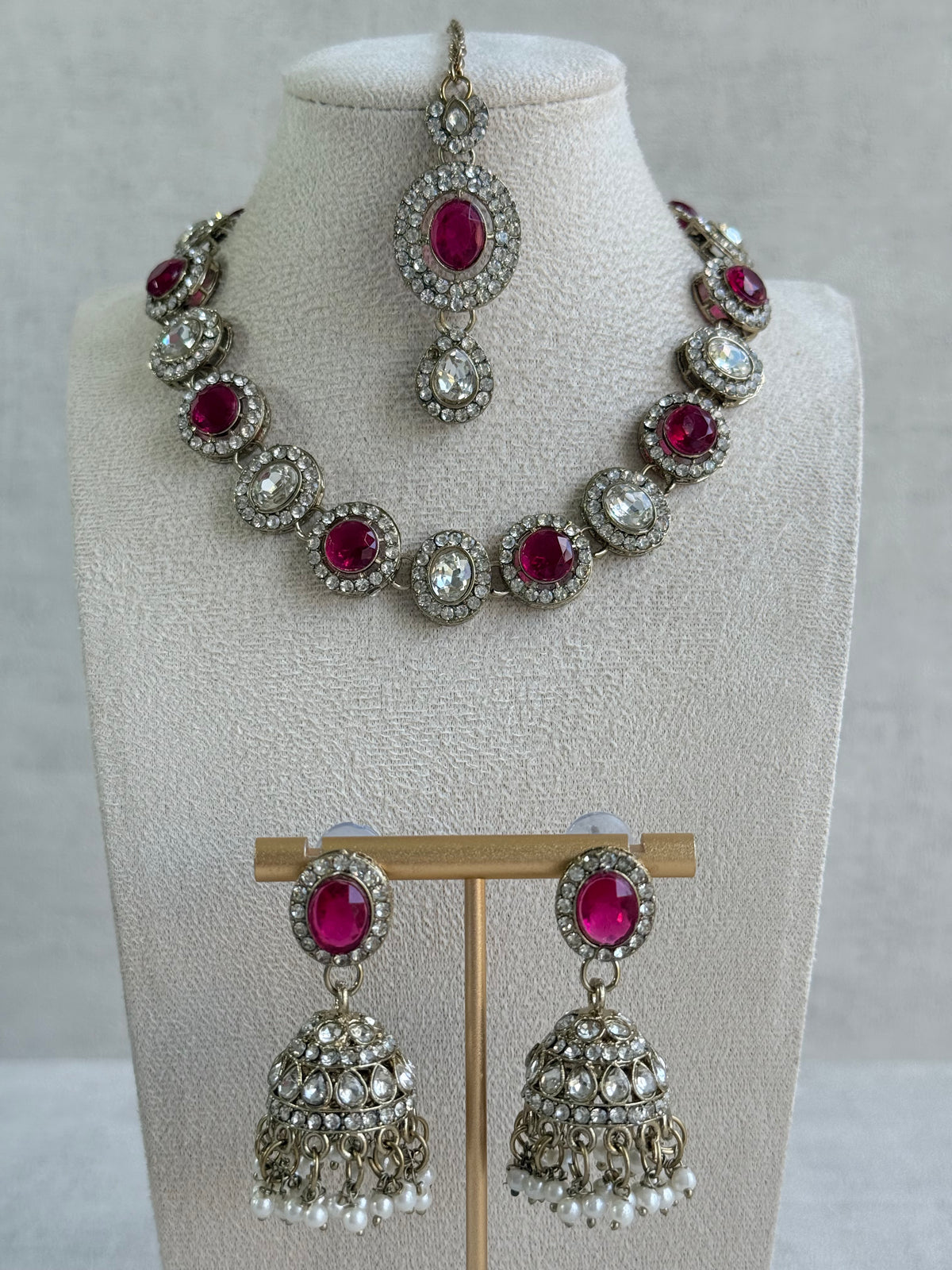 Ayura Designs Eira Necklace Set with Earrings & Tikka – Rani Pink & Crystal Stones with Antique Gold Finish