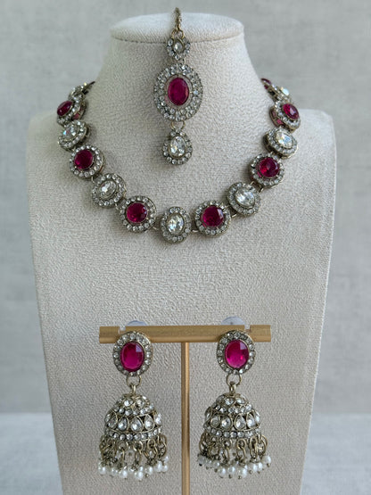 Ayura Designs Eira Necklace Set with Earrings & Tikka – Rani Pink & Crystal Stones with Antique Gold Finish