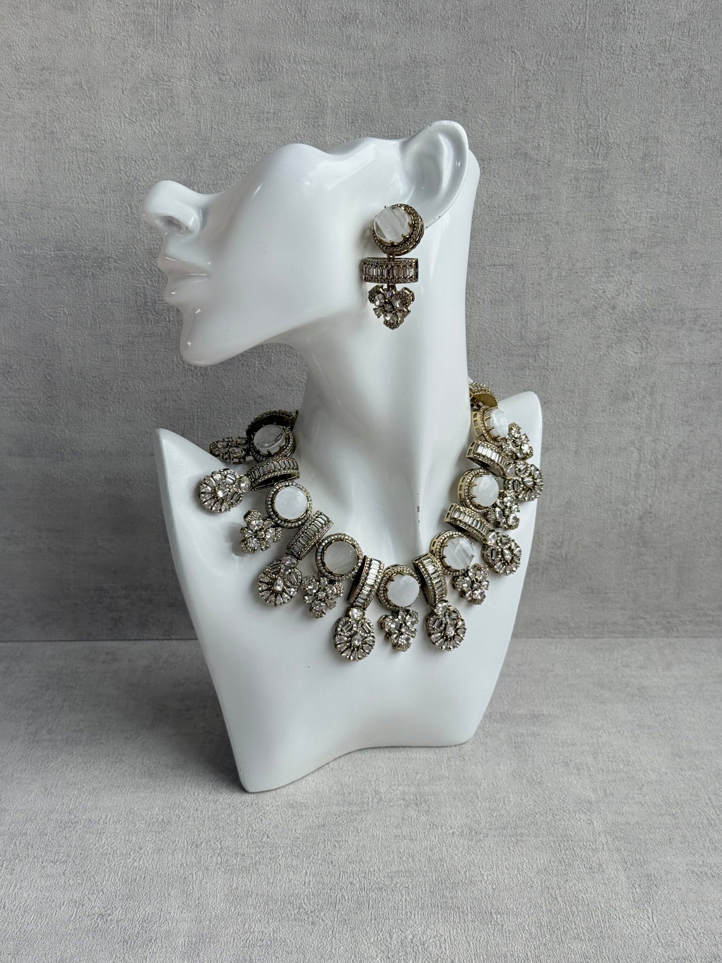Ayura Designs Aabira Necklace Set with Earrings – White Marble Stones with Moissanite Style Detailing