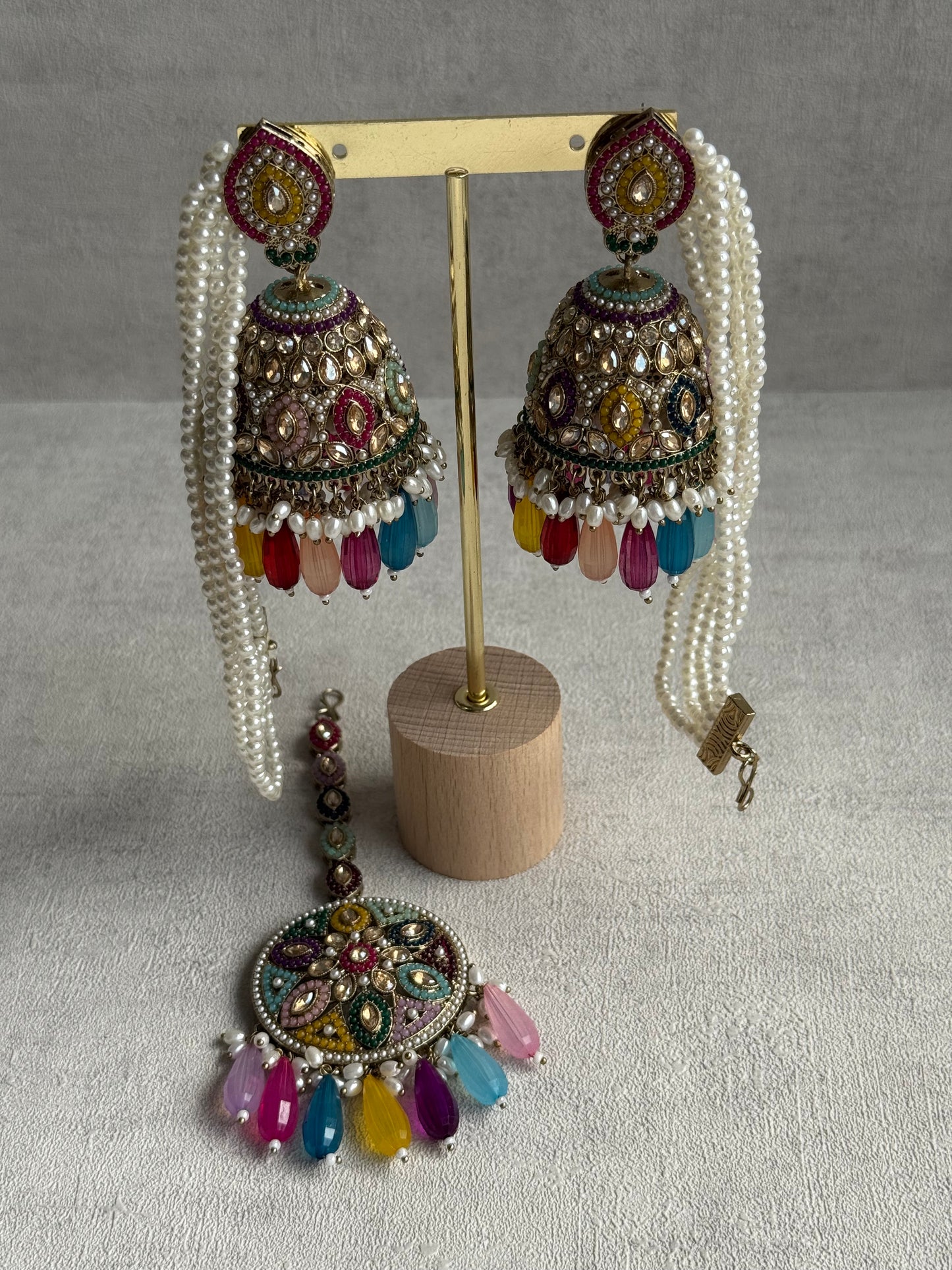 Ayura Designs Amrita Set – Jhumkis with Sahare & Tikka in Multicolour Beads, Pearls and Antique Gold Finish
