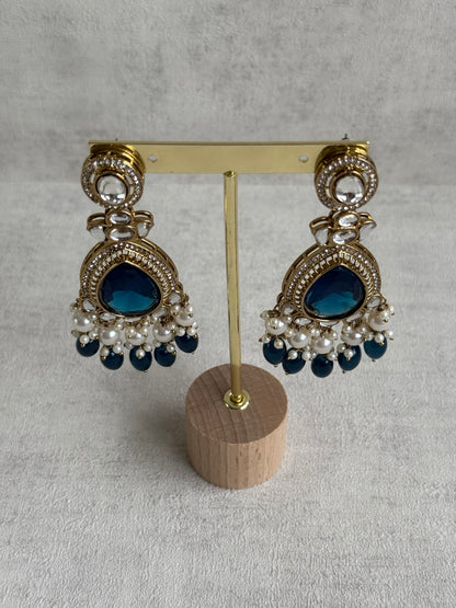 Ayura Designs Nageen Earrings – Antique Gold Jhumkis with Ink Blue Stones, Mirror-Cut Detailing & Pearl Drops
