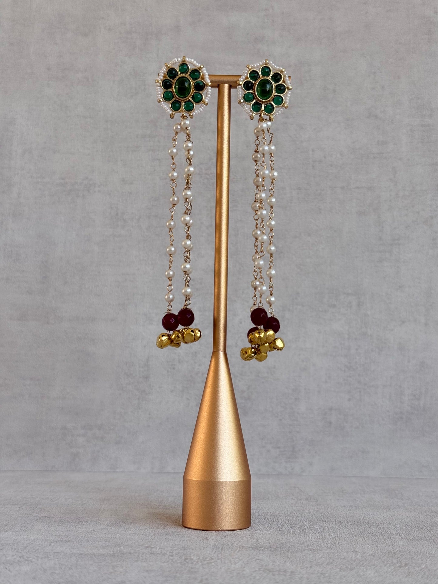 Ayura Designs Noorzar Earrings – Duster Earrings with Emerald Green Stones, Ruby Red Beads & Pearl Chains