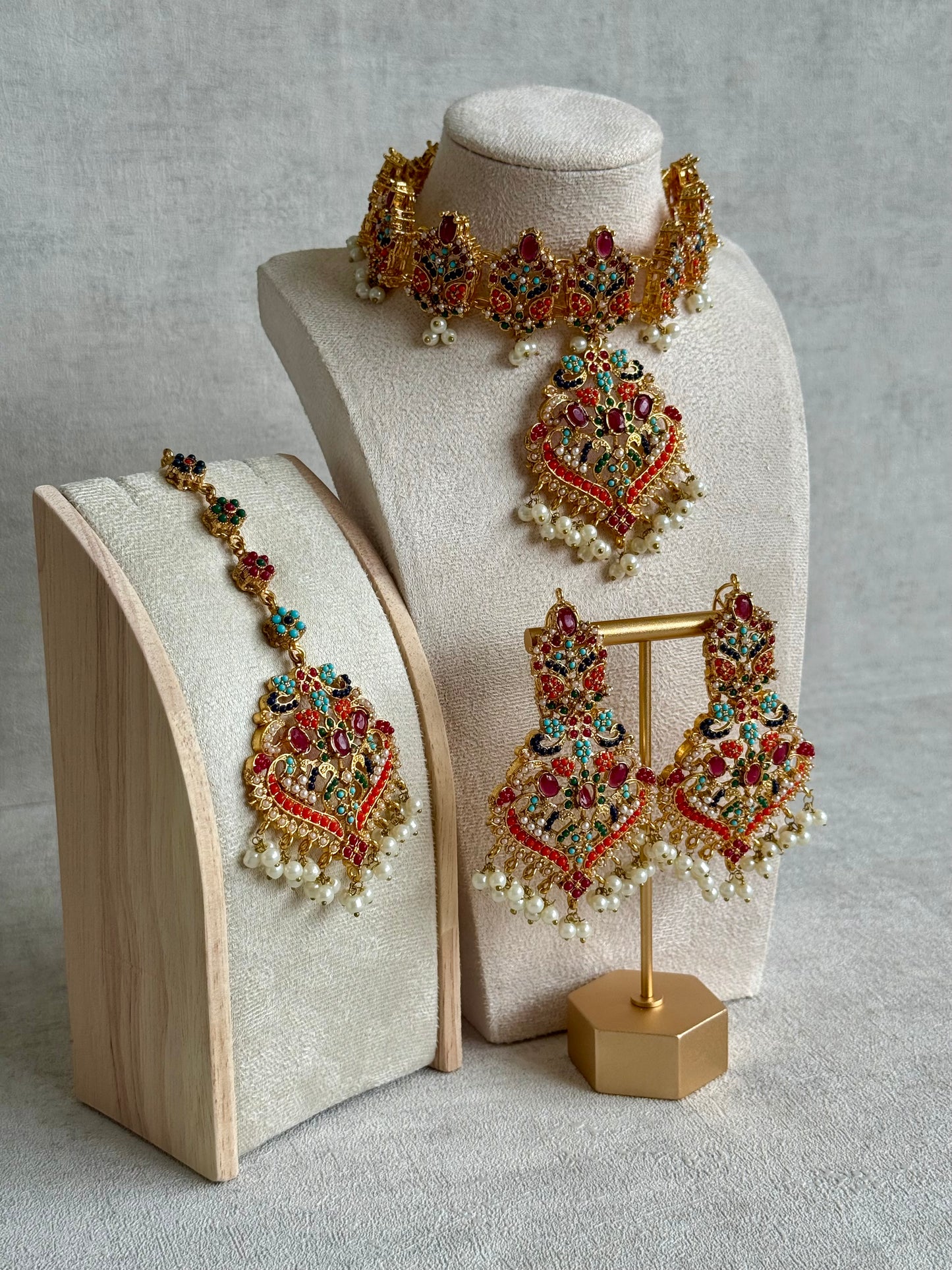 Ayura Designs Itrat Set with Choker, Earrings & Tikka – Antique Gold with Multicolour Stones & Pearl Detailing