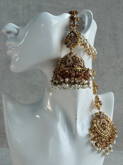 Ayura Designs Safia Tikka Set with Sahare Earrings – Champagne Gold Beads & Pearls