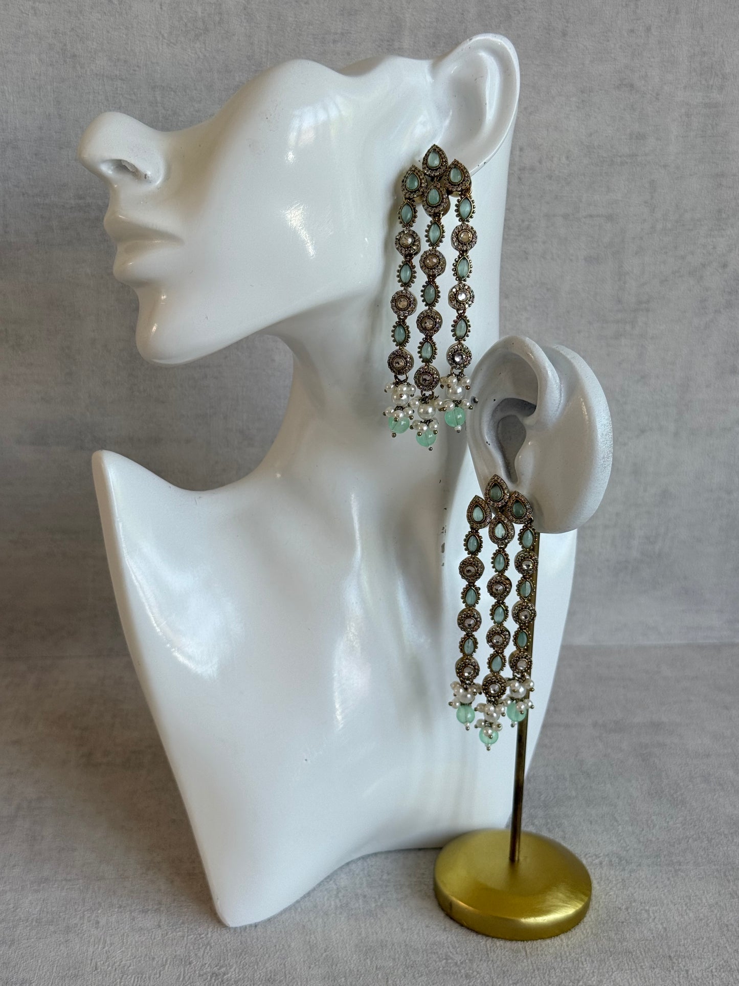 Ayura Designs Emilia Earrings – Gold Triple Strand Statement Earrings with Mint Green Stones & Pearl Drops