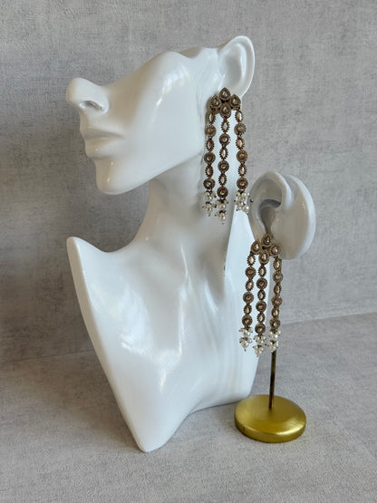 Ayura Designs Emilia Earrings – Gold Triple Strand Statement Earrings with Champagne Stones & Pearl Drops