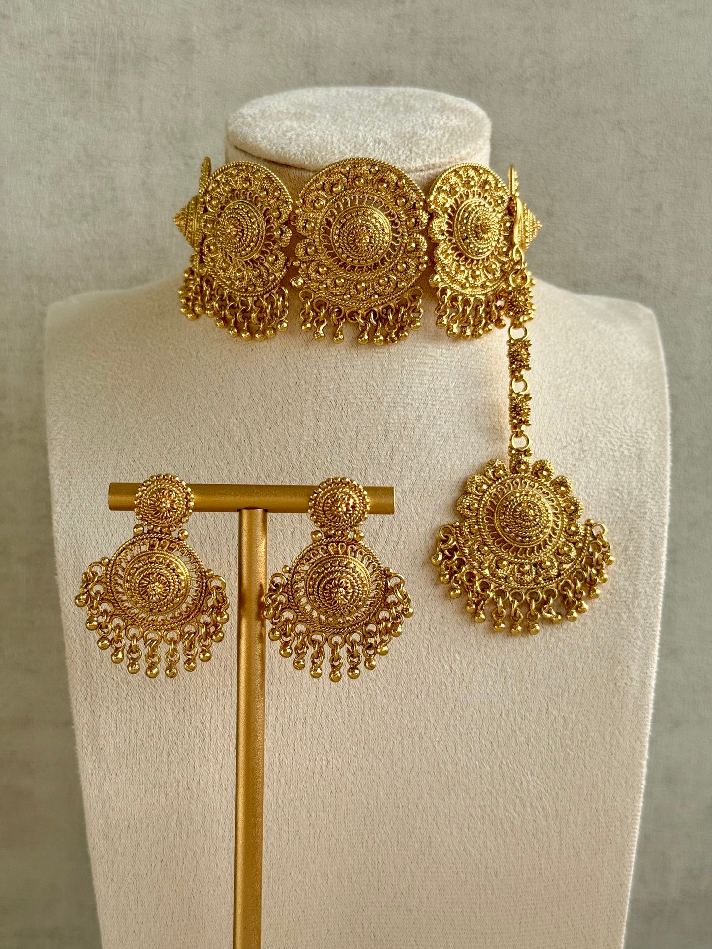 Ayura Designs Rami Choker Set with Earrings & Tikka – Antique Gold Medallions with Ghungroo Drops