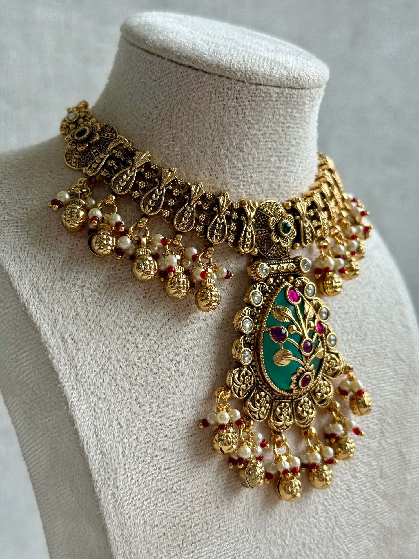 Ayura Designs Divya Set – Antique Gold Choker with Green Meenakari, Ruby Stones & Pearl Detailing