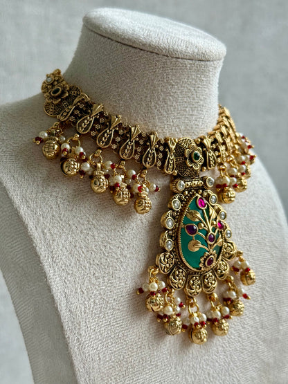 Ayura Designs Divya Set – Antique Gold Choker with Green Meenakari, Ruby Stones & Pearl Detailing