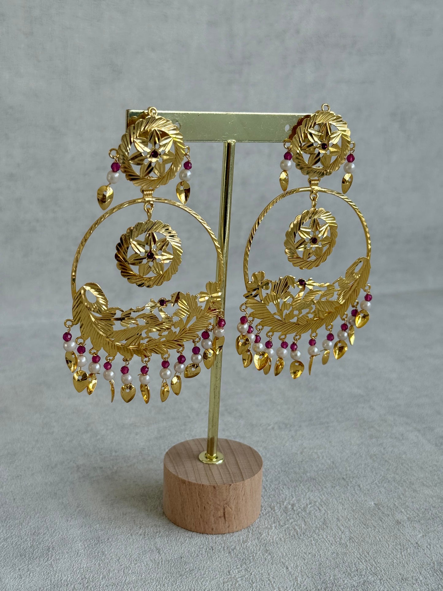 Ayura Designs Puran Earrings – Gold Peacock Pipal Patti Chandbalis with Pink & Ivory Detailing