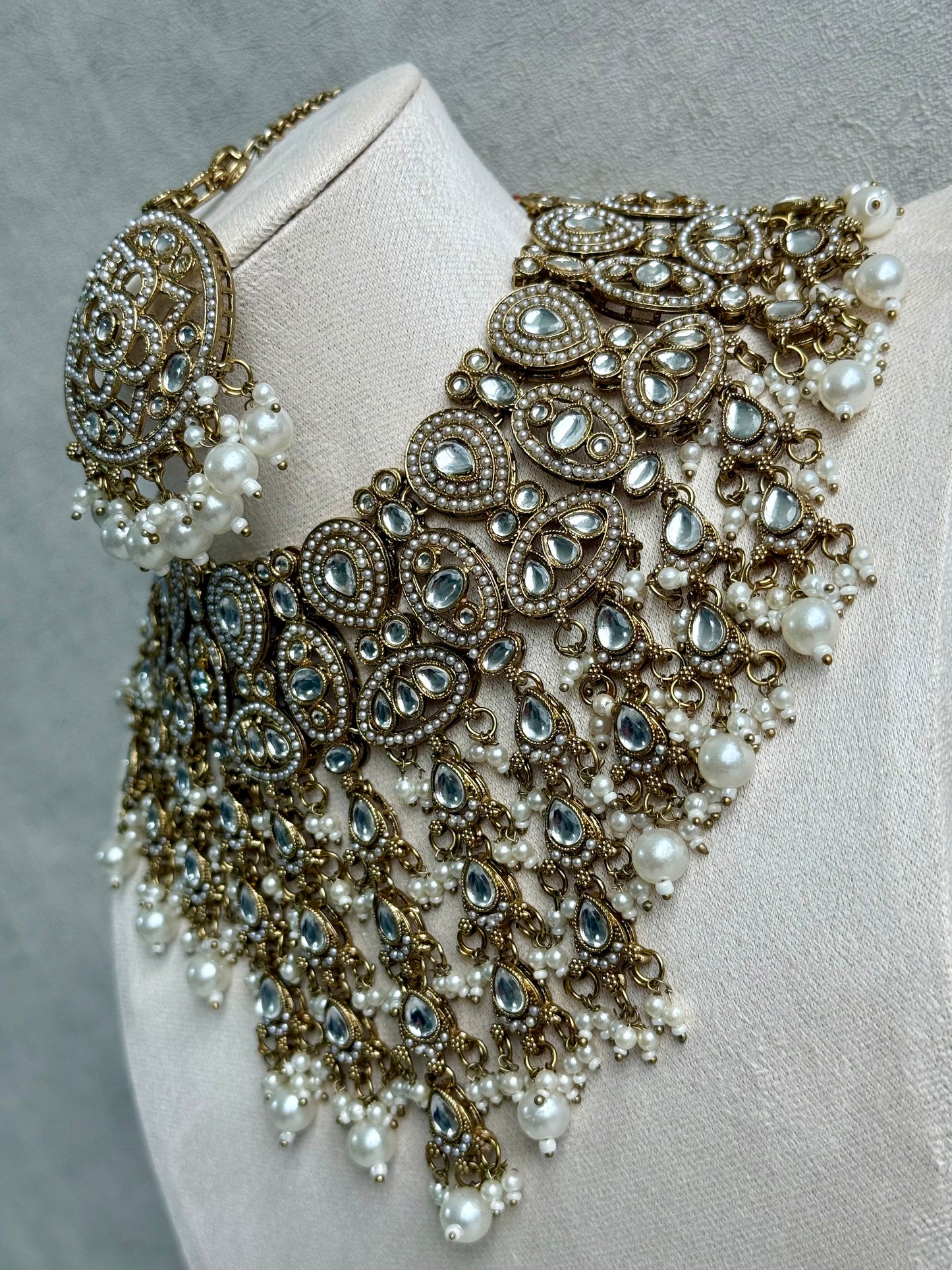 Ayura Designs Tanya Bridal Set with Necklace, Earrings & Tikka – Ivory Pearls, Mirror-Cut Stones & Antique Gold Finish