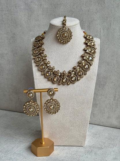 Ayura Designs Meher Set with Earrings & Tikka – Polki Elegance with Champagne-Colored Stones