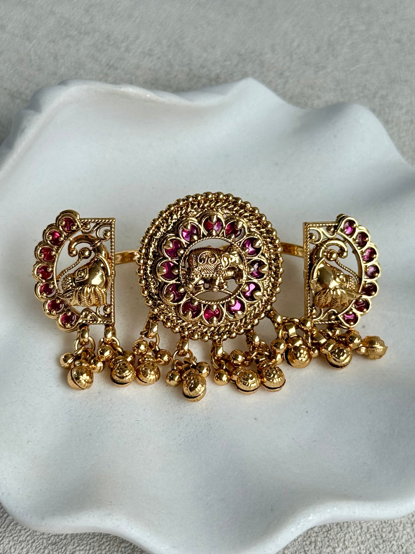 Ayura Designs Nira Adjustable Ring – Jadau-Inspired Elephant Motifs with Rani Pink Stones, Pearl Drops & Ghungroos