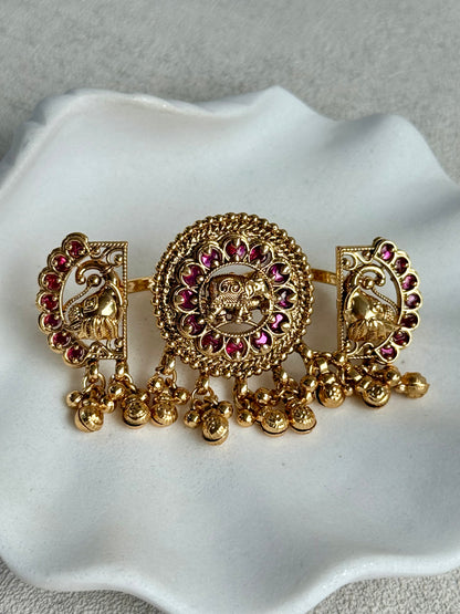 Ayura Designs Nira Adjustable Ring – Jadau-Inspired Elephant Motifs with Rani Pink Stones, Pearl Drops & Ghungroos