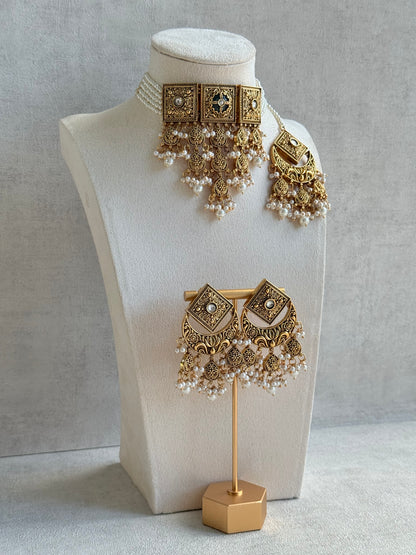 Ayura Designs Samera Choker Set with Earrings & Tikka – Ivory Beads, Pearl Detailing, Green Centre Stone, Floral Motifs & Antique Gold Finish