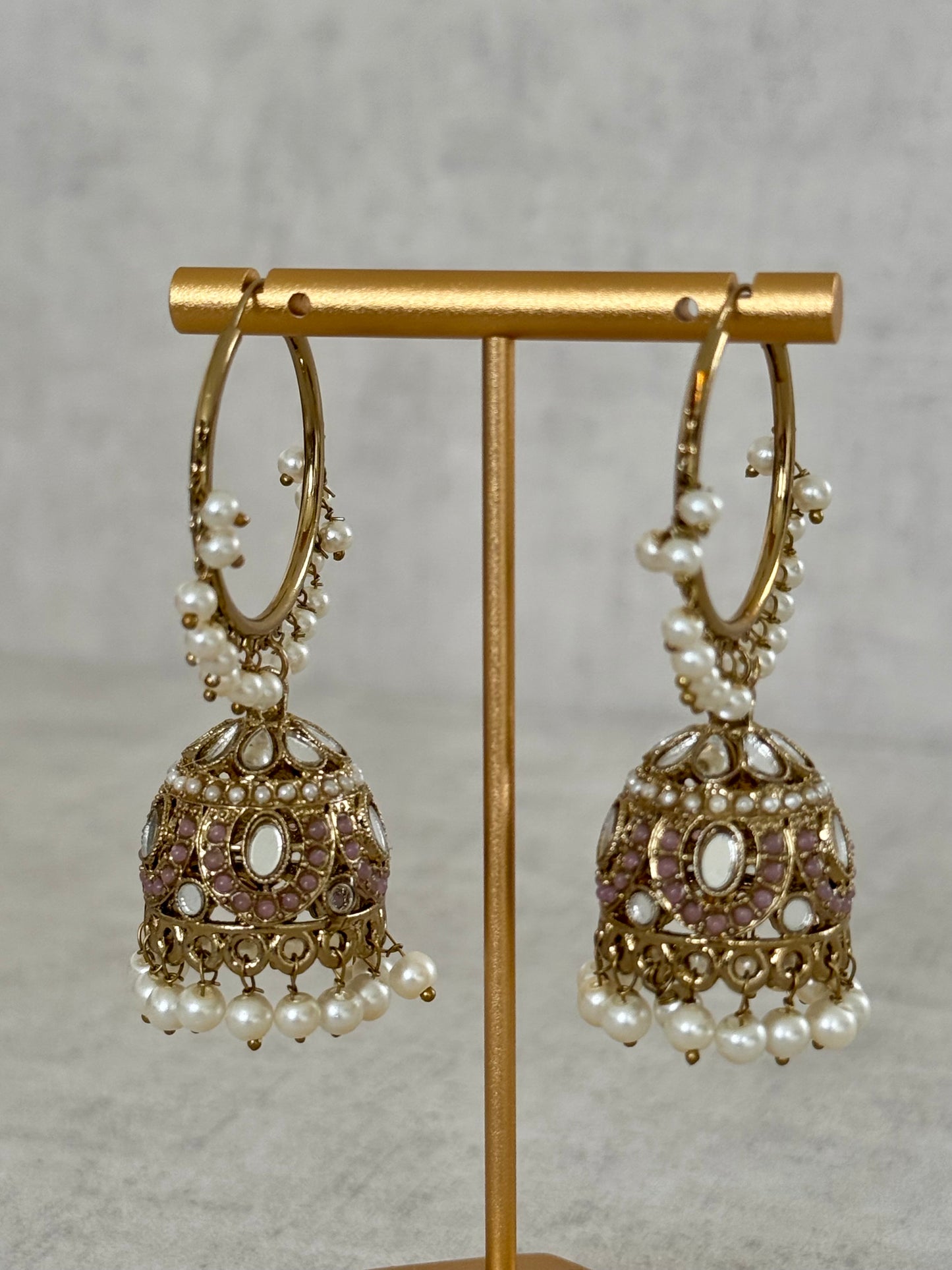 Ayura Designs Jugni Bali Jhumkas – Antique Gold with Mauve & Pearl Accents