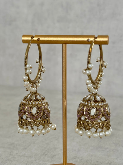 Ayura Designs Jugni Bali Jhumkas – Antique Gold with Mauve & Pearl Accents