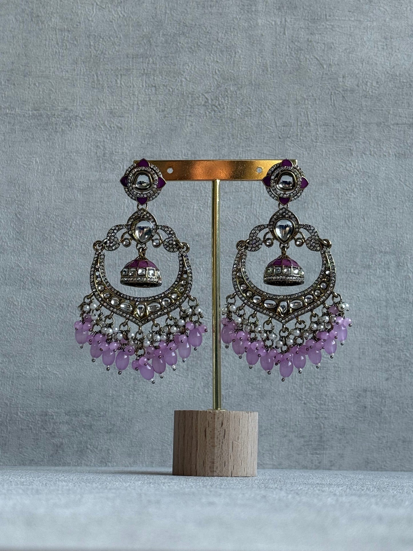 Ayura Designs Reha Earrings – Statement Chandbalis with Lavender Pink Beads, Pearls & Mirror-Cut Stones