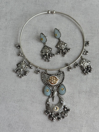 Ayura Designs Jiyana Collar Necklace Set – Dove Grey Carved Teardrop Stones & Oxidised Silver Finish