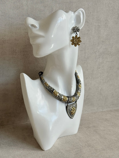Ayura Designs Andaaz Set with Earrings – Dual Tone Oxidised Floral Necklace Set