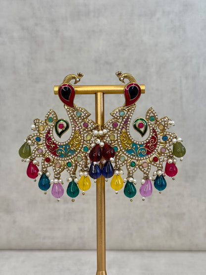 Ayura Designs Moorni Earrings – Peacock-Inspired Chandbalis with Multicoloured Meenakari, Kundan, and Pearl Accents