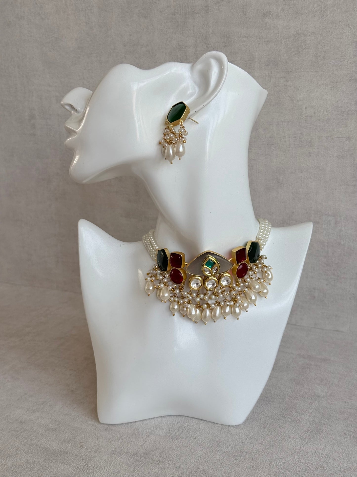 Ayura Designs Vahida Choker Set with Earrings – Multicolour Stone Choker with Pearl Drops & Kundan Detailing
