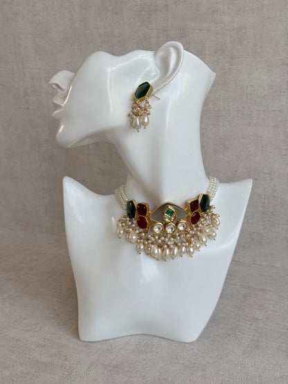 Ayura Designs Vahida Choker Set with Earrings – Multicolour Stone Choker with Pearl Drops & Kundan Detailing