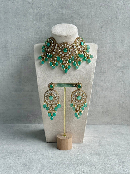 Ayura Designs Harper Set – Antique Gold Choker & Earrings with Mint Green Beads, Kundan Stones & Pearl Detailing