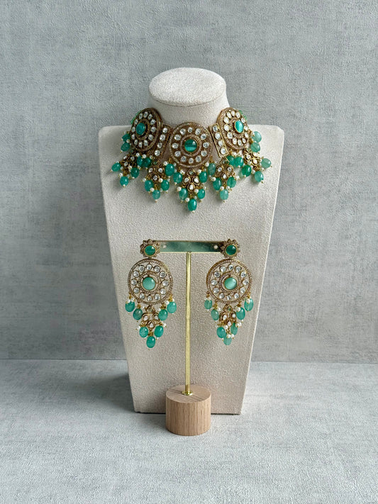 Ayura Designs Harper Set – Antique Gold Choker & Earrings with Mint Green Beads, Kundan Stones & Pearl Detailing
