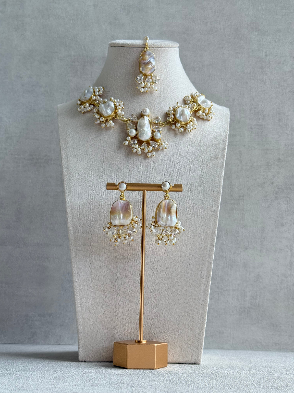 Ayura Designs Niamh Set with Tikka & Earrings - Baroque Pearl, Mother of Pearl & Crystals