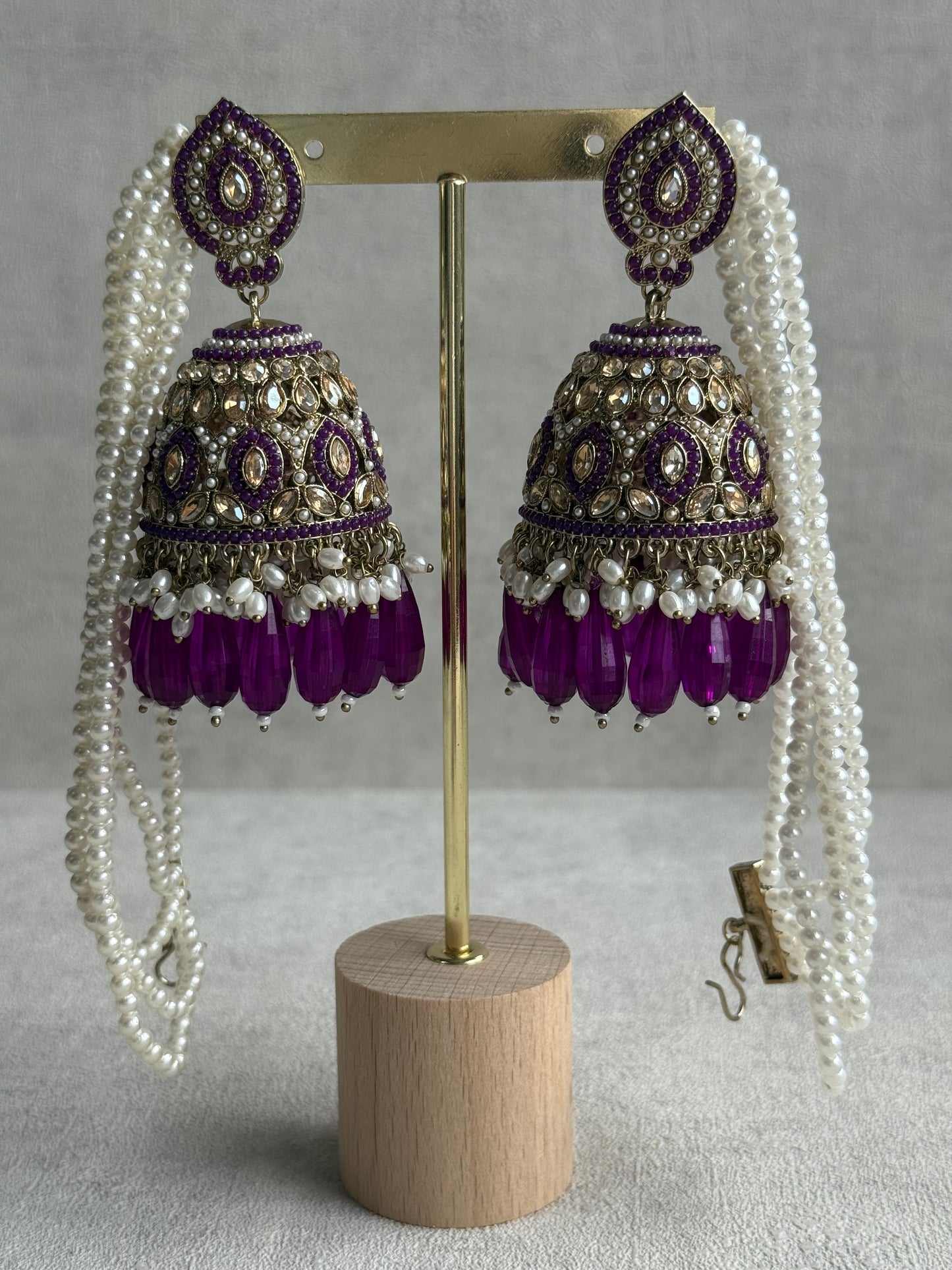 Ayura Designs Amrita Set – Jhumkis with Sahare & Tikka in Berry Purple, Pearls and Antique Gold Finish
