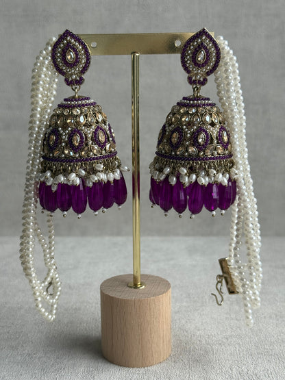 Ayura Designs Amrita Set – Jhumkis with Sahare & Tikka in Berry Purple, Pearls and Antique Gold Finish